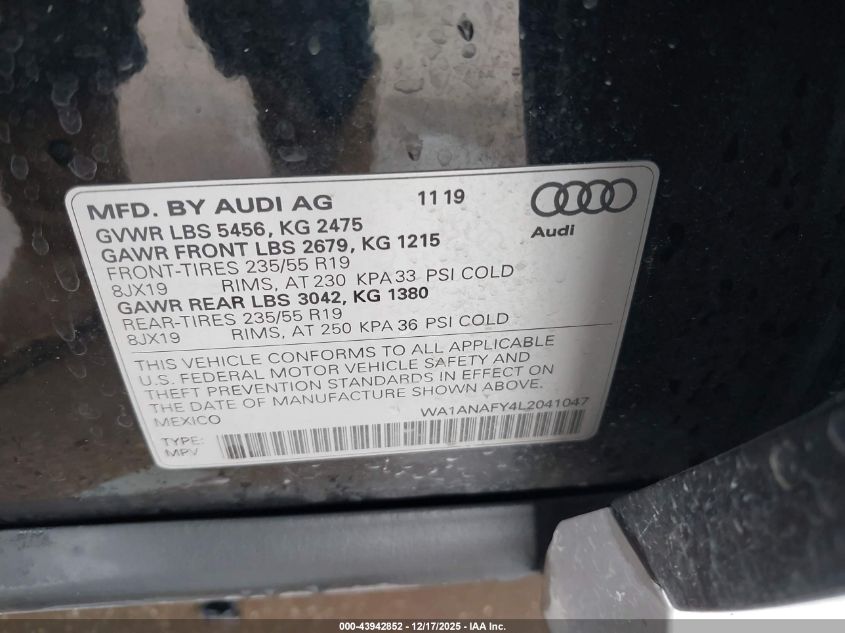2020 Audi Q5 Premium 45 Tfsi Quattro S Tronic VIN: WA1ANAFY4L2041047 Lot: 43942852