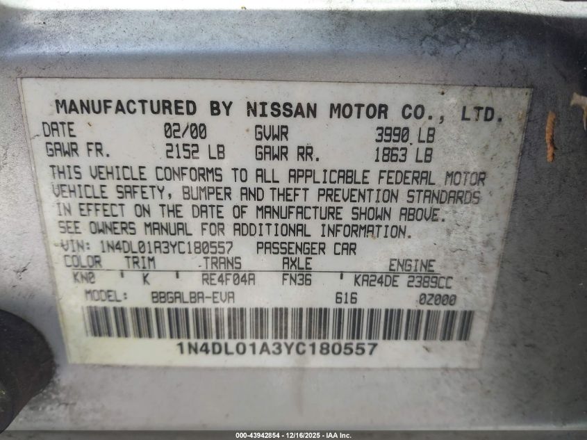 2000 Nissan Altima Gle/Gxe/Se VIN: 1N4DL01A3YC180557 Lot: 43942854