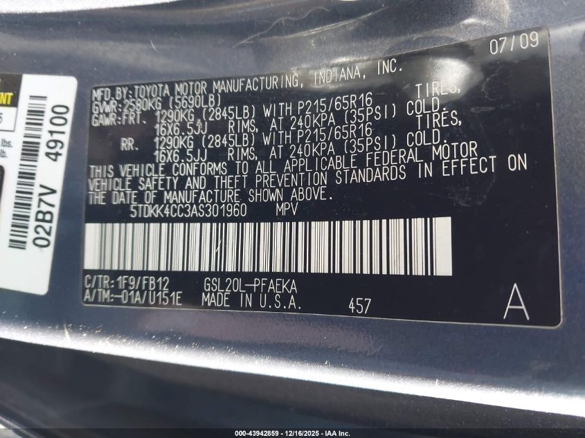 2010 Toyota Sienna Ce VIN: 5TDKK4CC3AS301960 Lot: 43942859