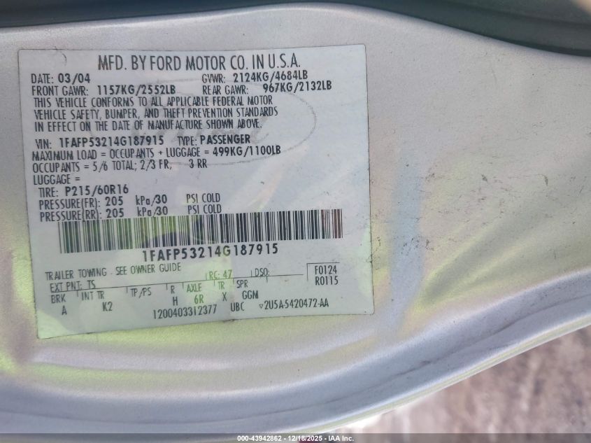 2004 Ford Taurus Se VIN: 1FAFP53214G187915 Lot: 43942862