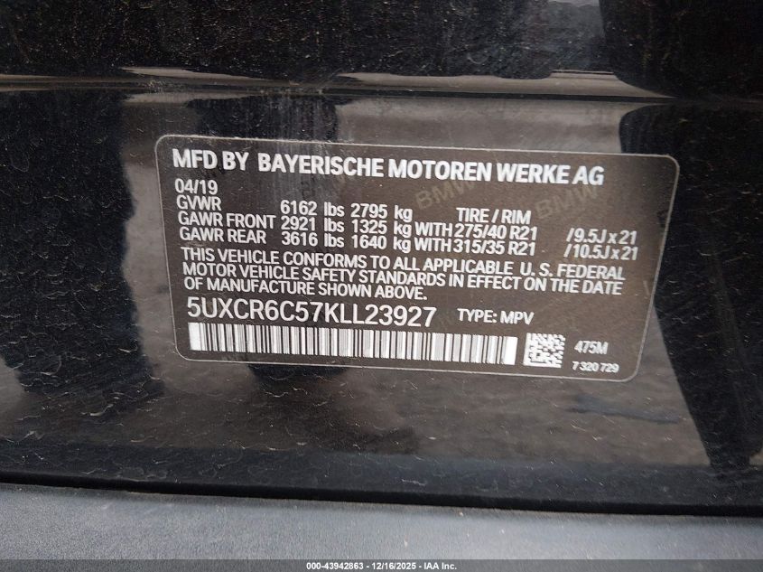 2019 BMW X5 xDrive40I VIN: 5UXCR6C57KLL23927 Lot: 43942863