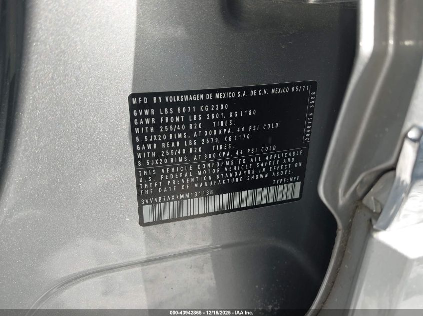 2021 Volkswagen Tiguan 2.0T Sel Premium R-Line VIN: 3VV4B7AX7MM131138 Lot: 43942865