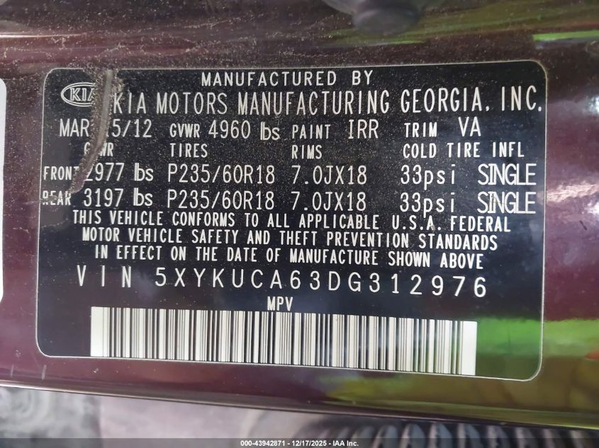 2013 Kia Sorento Ex VIN: 5XYKUCA63DG312976 Lot: 43942871