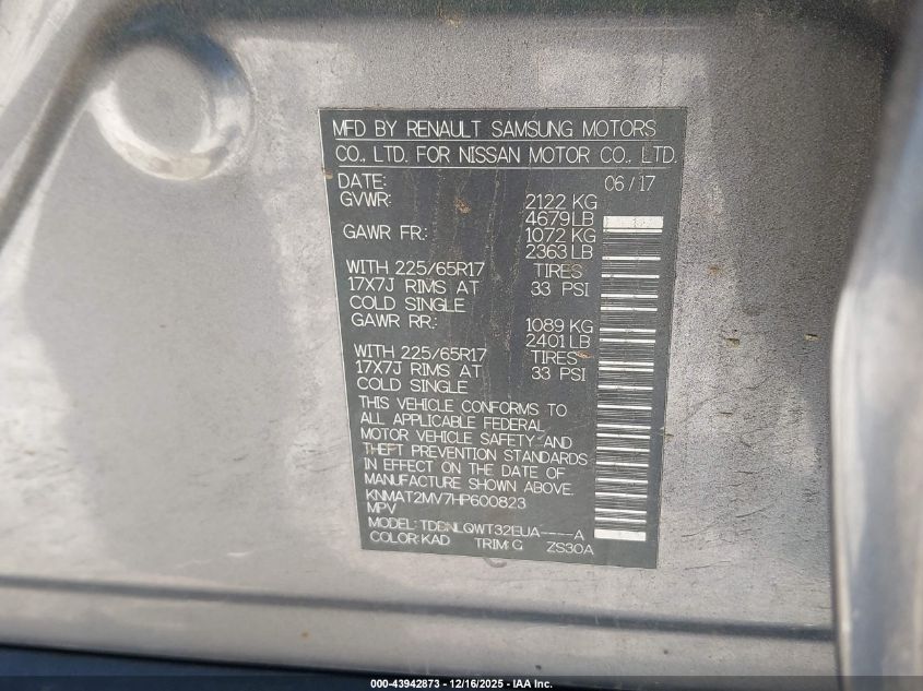 2017 Nissan Rogue Sv VIN: KNMAT2MV7HP600823 Lot: 43942873