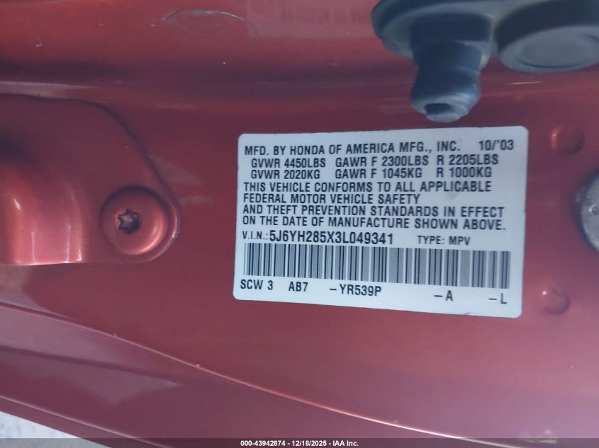 2003 Honda Element Ex VIN: 5J6YH285X3L049341 Lot: 43942874