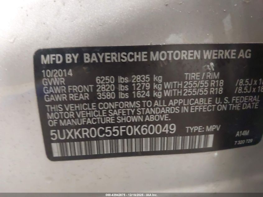 2015 BMW X5 xDrive35I VIN: 5UXKR0C55F0K60049 Lot: 43942875