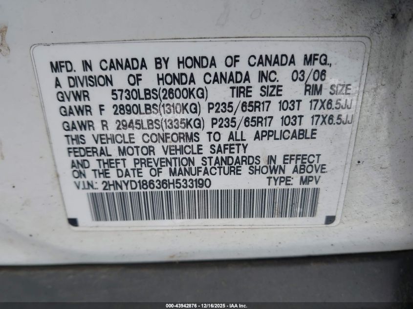 2006 Acura Mdx VIN: 2HNYD18636H533190 Lot: 43942876