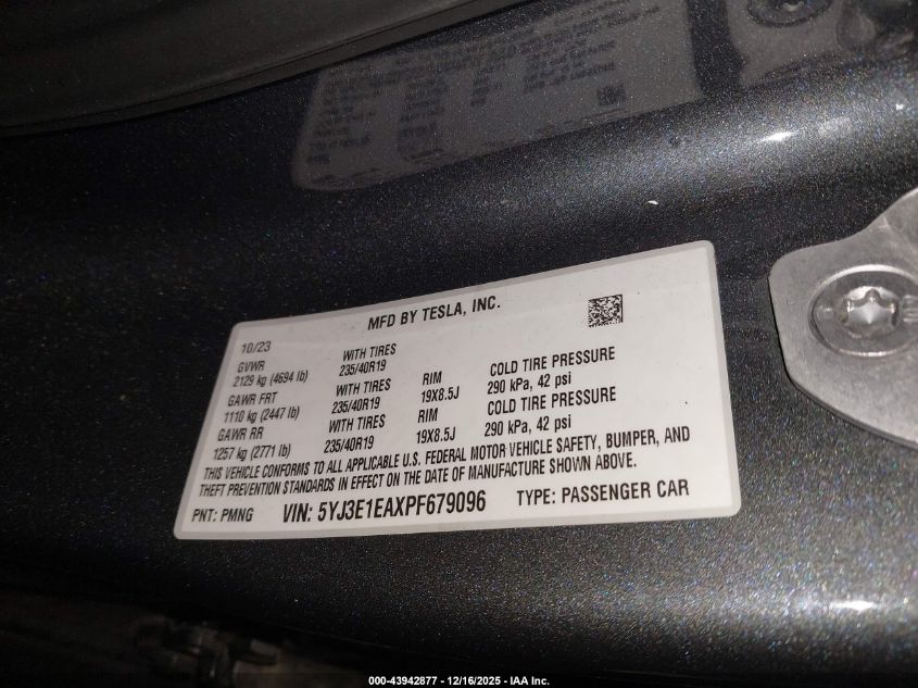 2023 Tesla Model 3 Rear-Wheel Drive VIN: 5YJ3E1EAXPF679096 Lot: 43942877
