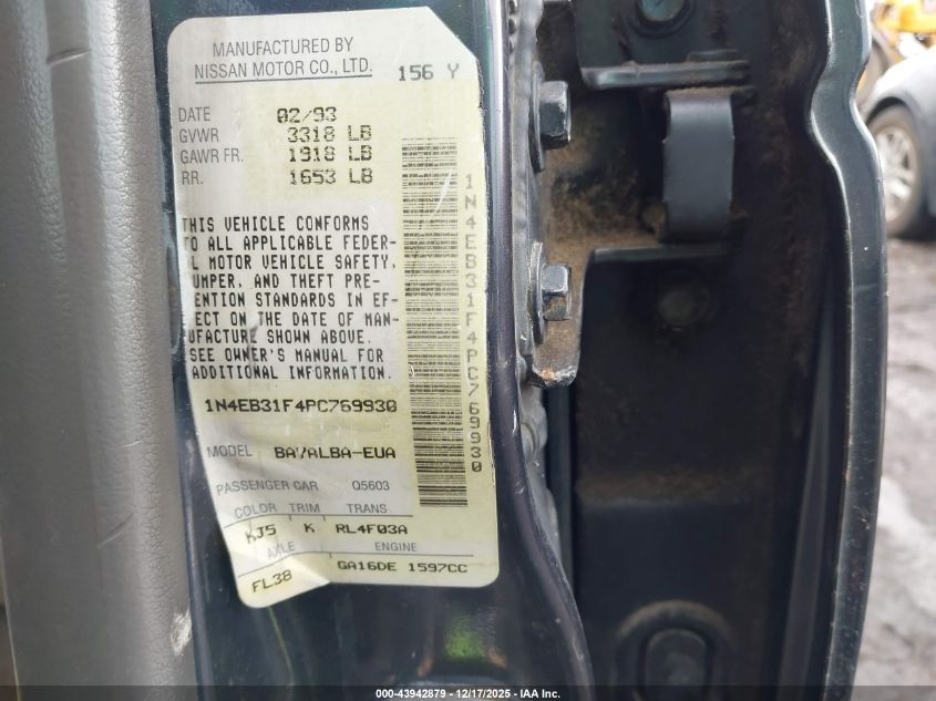 1993 Nissan Sentra E/Xe/Gxe VIN: 1N4EB31F4PC769930 Lot: 43942879