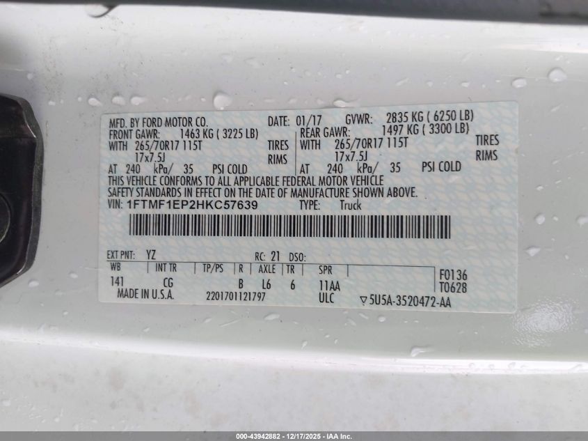 2017 Ford F-150 Xl VIN: 1FTMF1EP2HKC57639 Lot: 43942882