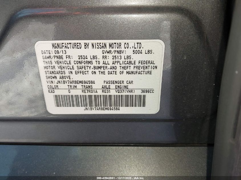 2014 Infiniti Q50 Premium VIN: JN1BV7AR8EM694584 Lot: 43942881