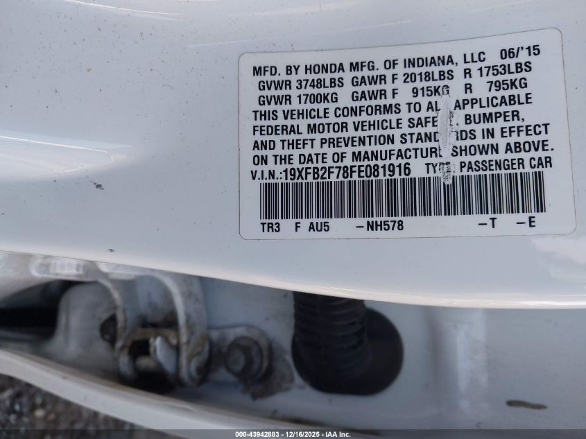 2015 Honda Civic Se VIN: 19XFB2F78FE081916 Lot: 43942883