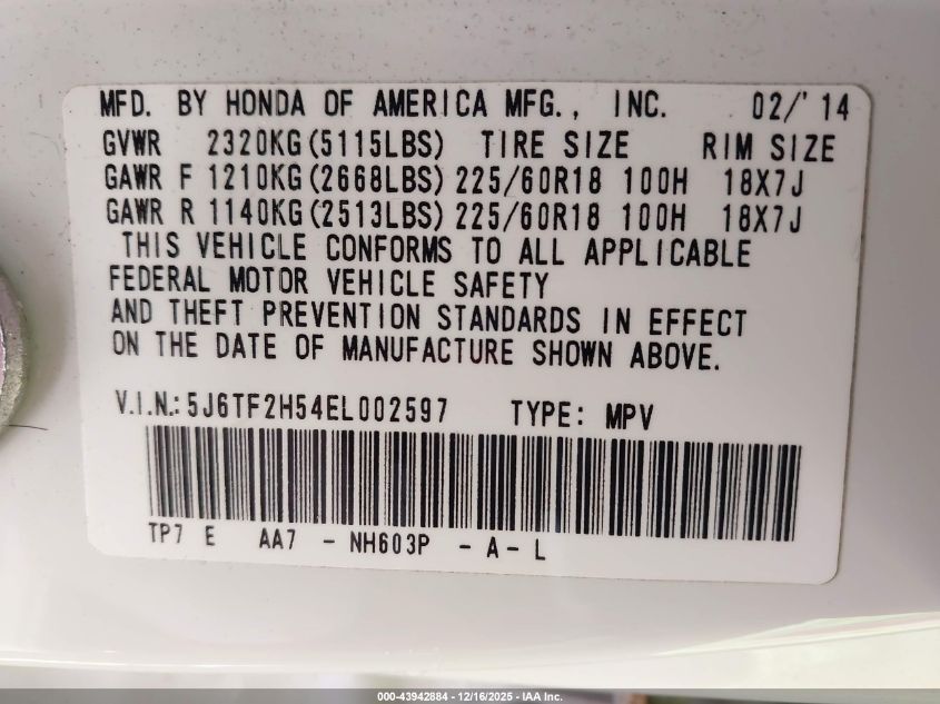 2014 Honda Crosstour Ex-L V6 VIN: 5J6TF2H54EL002597 Lot: 43942884