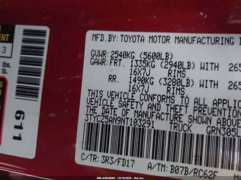 2022 Toyota Tacoma Trd Off Road VIN: 3TYCZ5AN9NT103291 Lot: 43942885