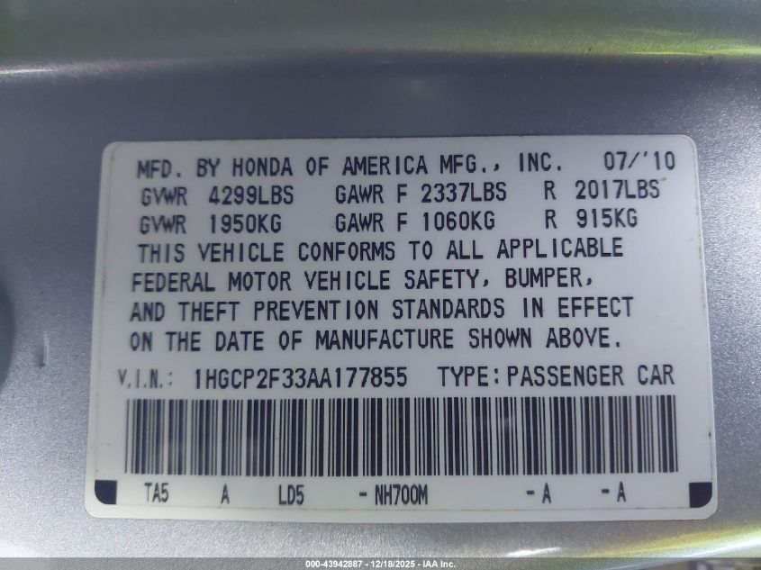 2010 Honda Accord 2.4 Lx VIN: 1HGCP2F33AA177855 Lot: 43942887