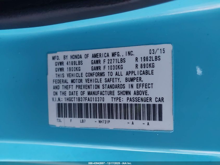 2015 Honda Accord Lx-S VIN: 1HGCT1B37FA010370 Lot: 43942897