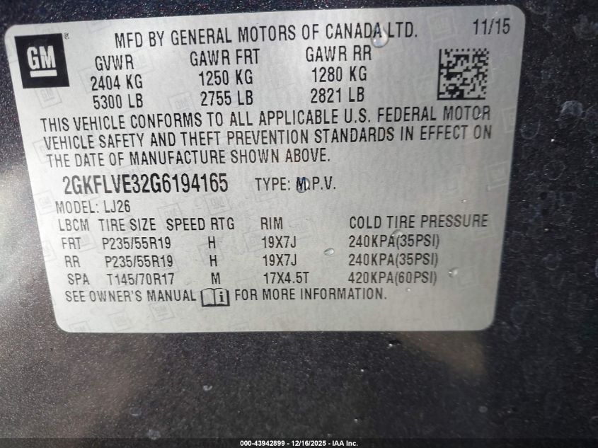 2016 GMC Terrain Denali VIN: 2GKFLVE32G6194165 Lot: 43942899