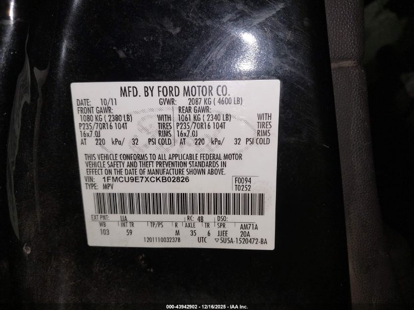 2012 Ford Escape Limited VIN: 1FMCU9E7XCKB02826 Lot: 43942902