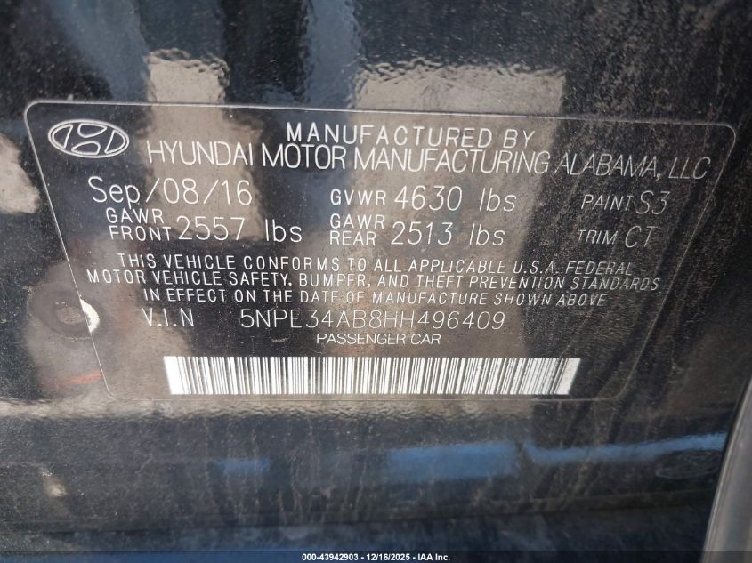 2017 Hyundai Sonata Limited 2.0T VIN: 5NPE34AB8HH496409 Lot: 43942903