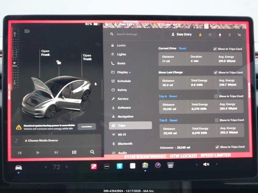 2025 Tesla Model 3 Long Range All-Wheel Drive VIN: 5YJ3E1EB3SF898502 Lot: 43942904