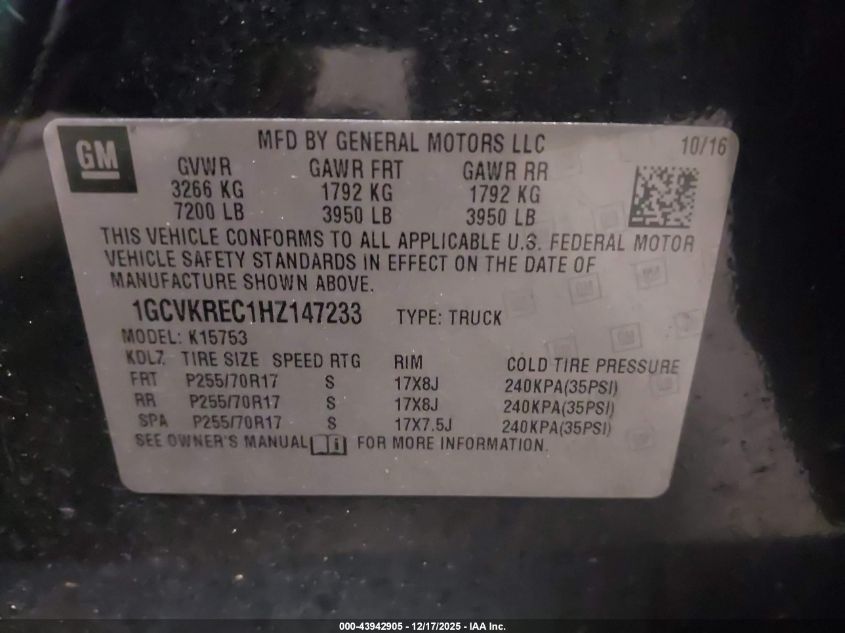 2017 Chevrolet Silverado 1500 1Lt VIN: 1GCVKREC1HZ147233 Lot: 43942905