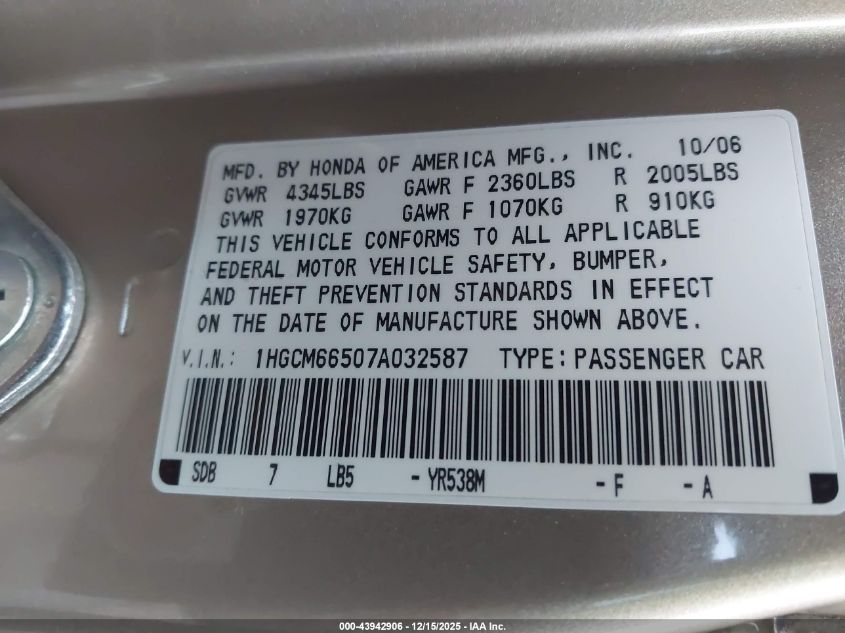 2007 Honda Accord 3.0 Ex VIN: 1HGCM66507A032587 Lot: 43942906