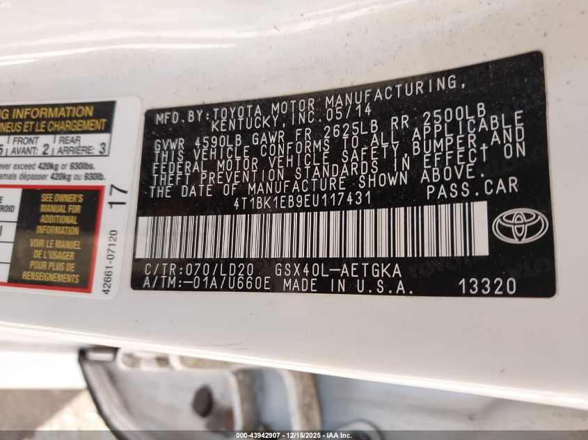 2014 Toyota Avalon Xle VIN: 4T1BK1EB9EU117431 Lot: 43942907