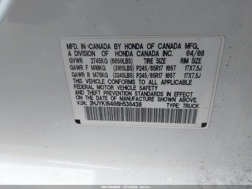 2008 Honda Ridgeline Rts VIN: 2HJYK16408H538438 Lot: 43942908