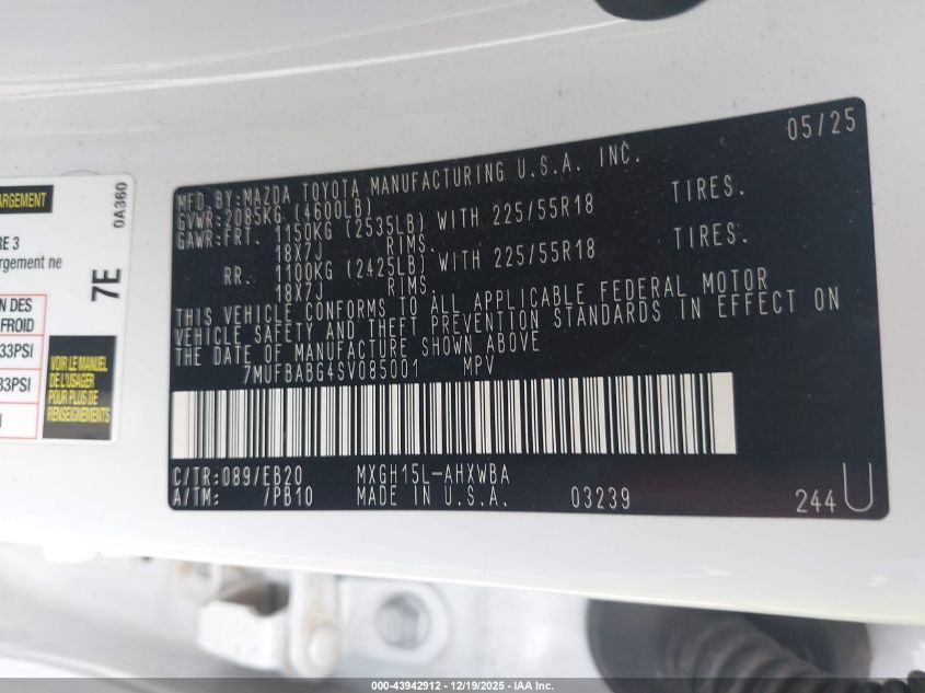 2025 Toyota Corolla Cross Hybrid Xse VIN: 7MUFBABG4SV085001 Lot: 43942912