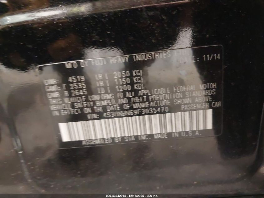 2015 Subaru Legacy 2.5I Limited VIN: 4S3BNBN69F3035470 Lot: 43942914