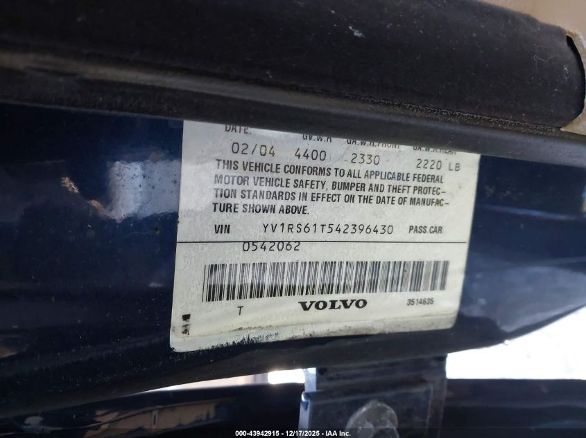 2004 Volvo S60 2.4 VIN: YV1RS61T542396430 Lot: 43942915