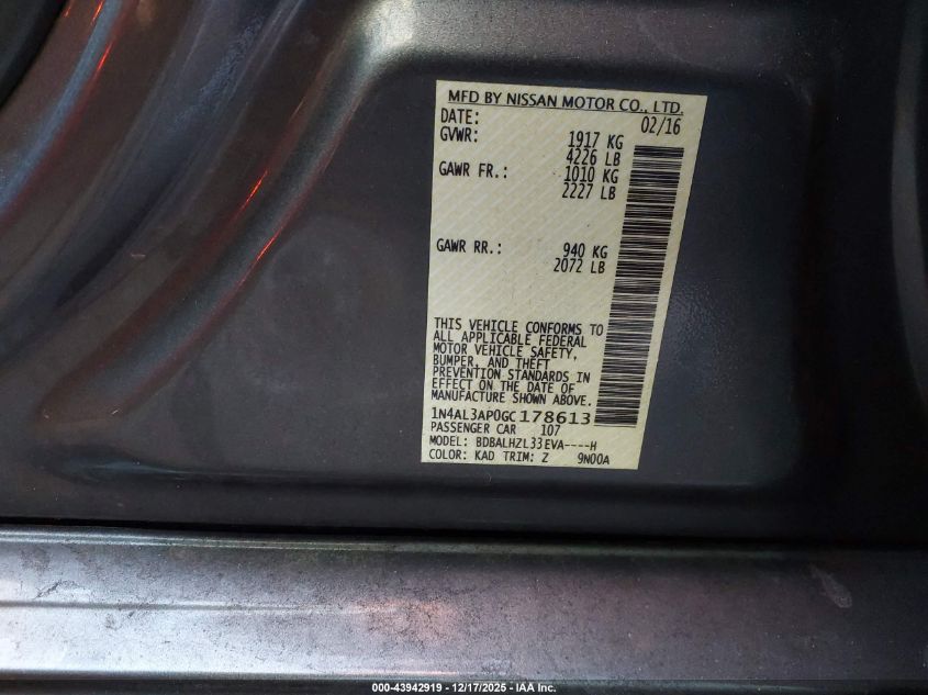 2016 Nissan Altima 2.5 Sr VIN: 1N4AL3AP0GC178613 Lot: 43942919