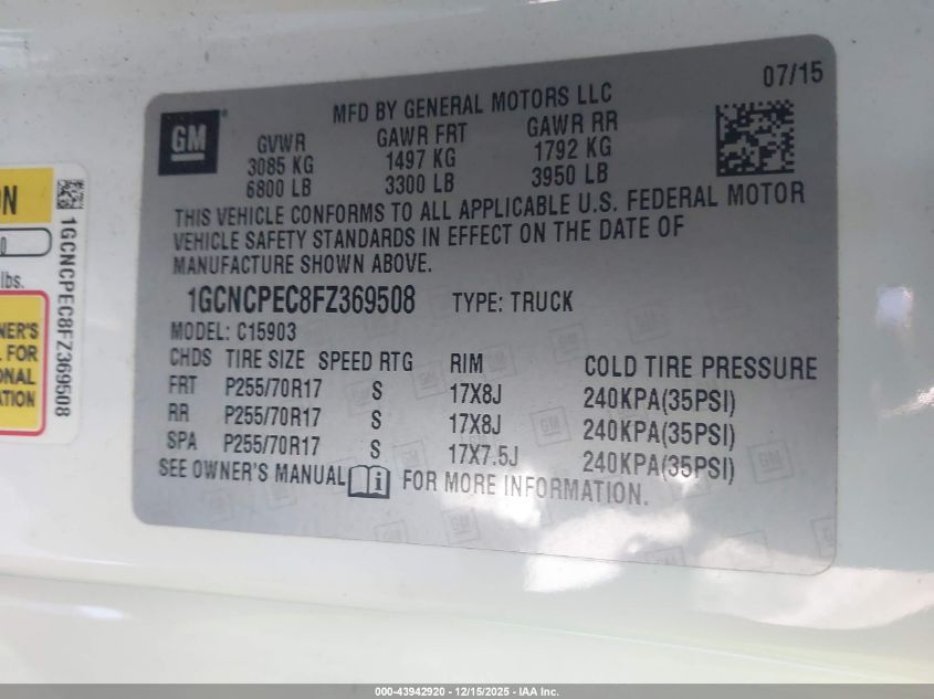 2015 Chevrolet Silverado 1500 Wt VIN: 1GCNCPEC8FZ369508 Lot: 43942920