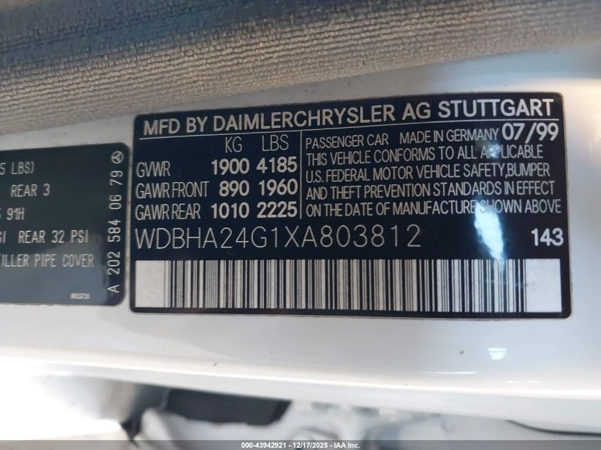 1999 Mercedes-Benz C 230 Kompressor VIN: WDBHA24G1XA803812 Lot: 43942921