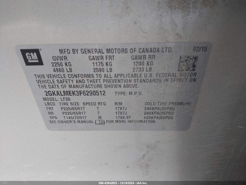 2015 GMC Terrain Sle-1 VIN: 2GKALMEK3F6290512 Lot: 43942923