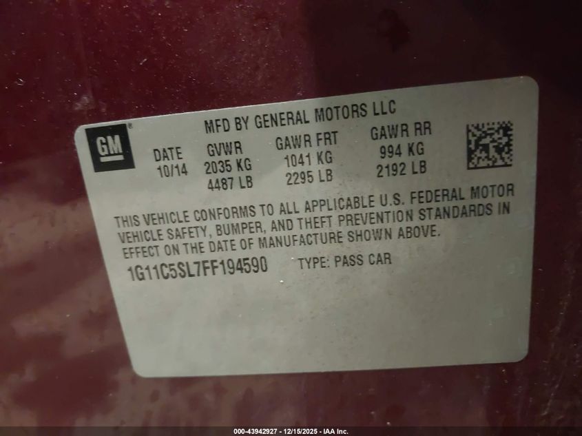 2015 Chevrolet Malibu 1Lt VIN: 1G11C5SL7FF194590 Lot: 43942927