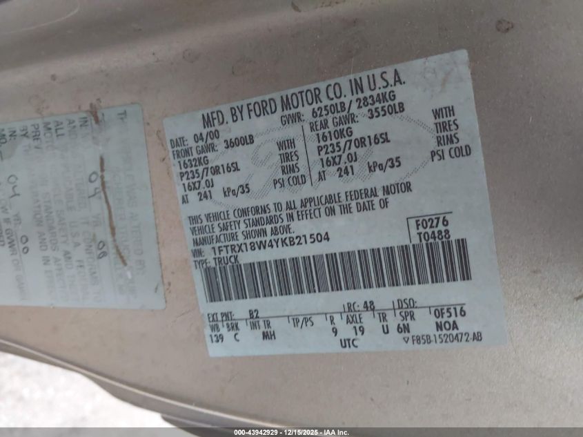 2000 Ford F-150 Lariat/Work Series/Xl/Xlt VIN: 1FTRX18W4YKB21504 Lot: 43942929