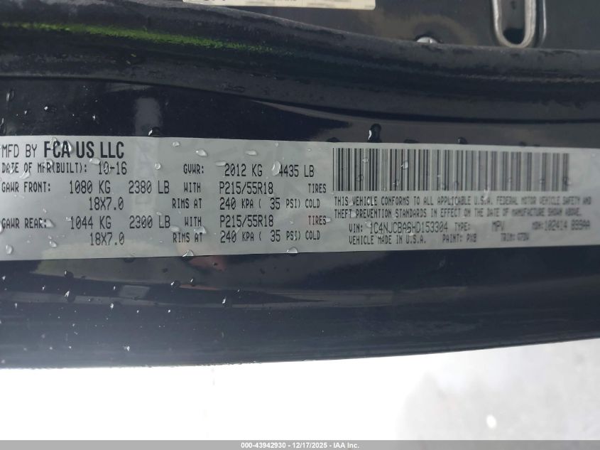 2017 Jeep Compass Sport Se Fwd VIN: 1C4NJCBA6HD153304 Lot: 43942930