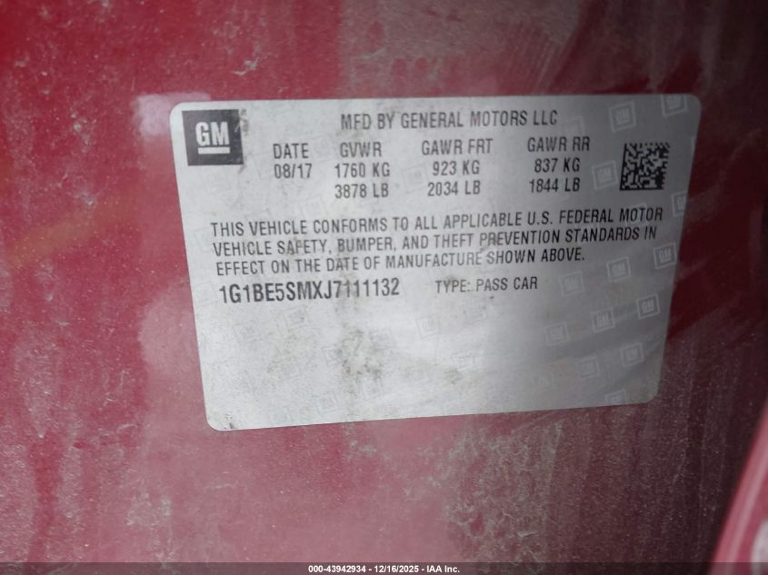 2018 Chevrolet Cruze Lt Auto VIN: 1G1BE5SMXJ7111132 Lot: 43942934