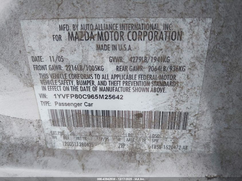 2006 Mazda Mazda6 I VIN: 1YVFP80C965M25642 Lot: 43942938