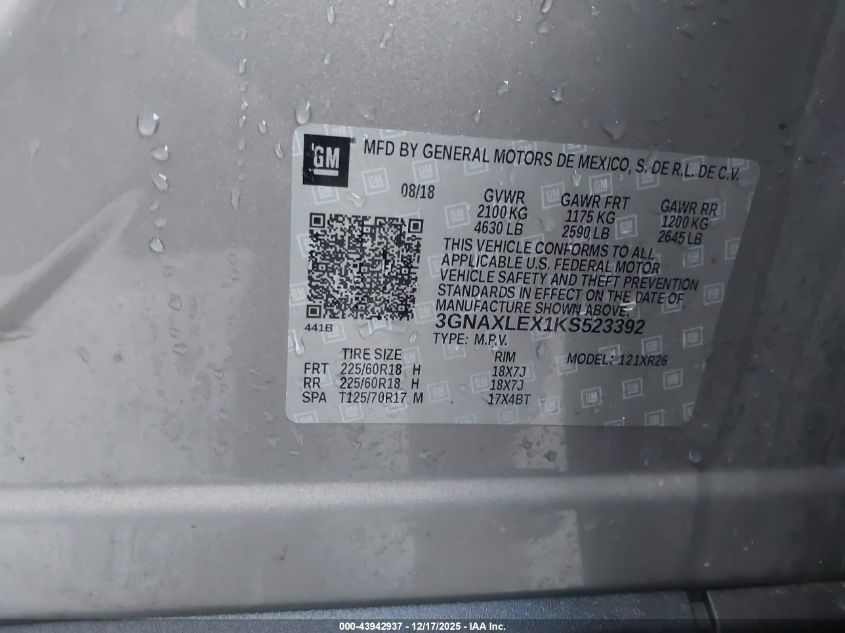 2019 Chevrolet Equinox Lt VIN: 3GNAXLEX1KS523392 Lot: 43942937