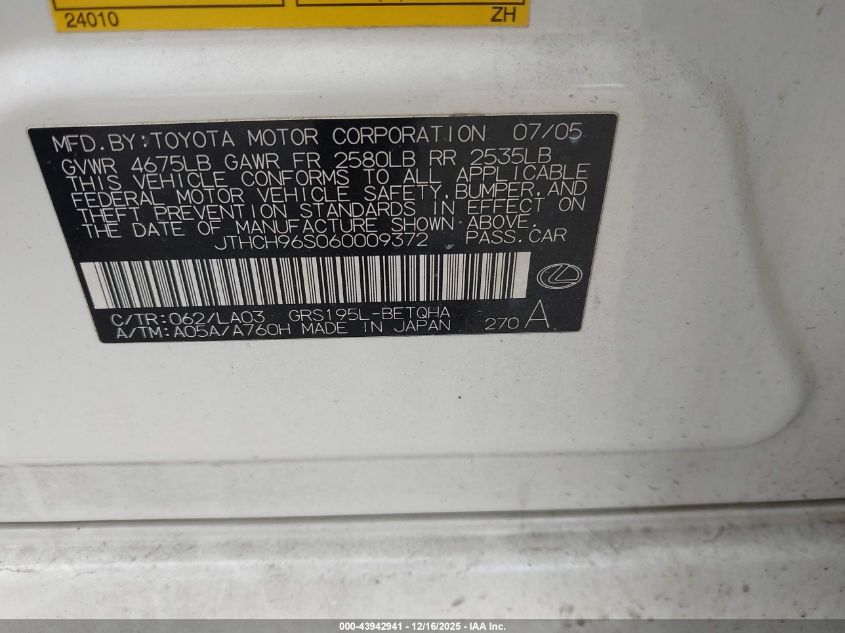 2006 Lexus Gs 300 VIN: JTHCH96S060009372 Lot: 43942941