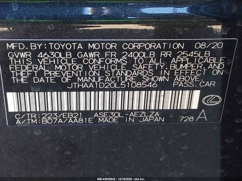 2020 Lexus Is 300 VIN: JTHAA1D20L5108546 Lot: 43942942