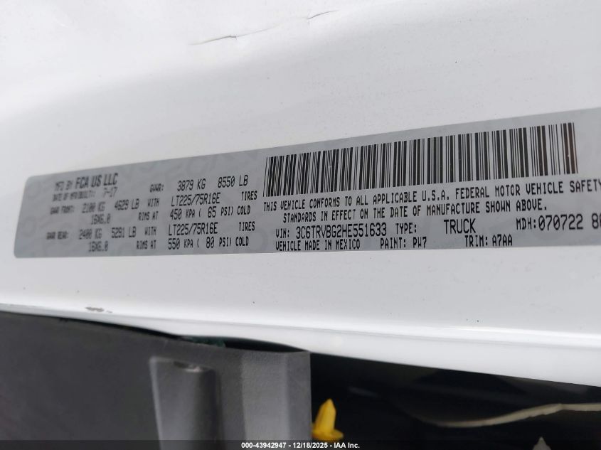 2017 Ram Promaster 1500 High Roof 136 Wb VIN: 3C6TRVBG2HE551633 Lot: 43942947