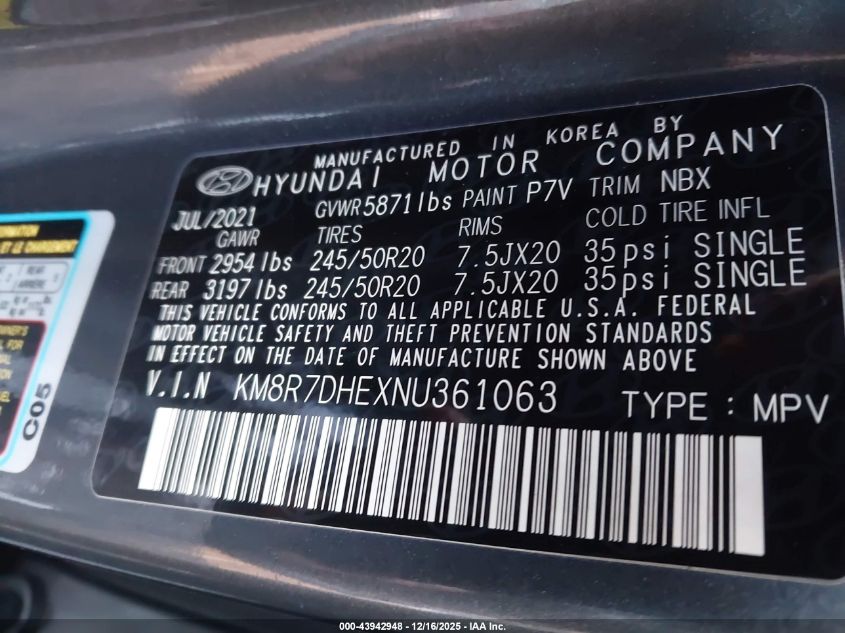 2022 Hyundai Palisade Calligraphy VIN: KM8R7DHEXNU361063 Lot: 43942948