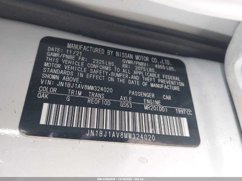 2021 Nissan Rogue Sport S Fwd Xtronic Cvt VIN: JN1BJ1AV8MW324020 Lot: 43942955