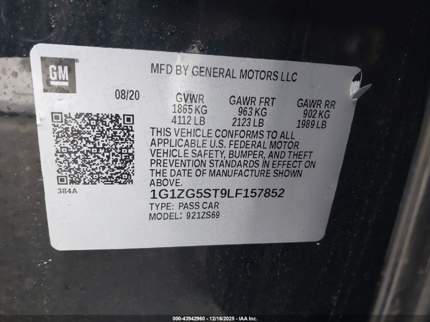 2020 Chevrolet Malibu Fwd Rs VIN: 1G1ZG5ST9LF157852 Lot: 43942960