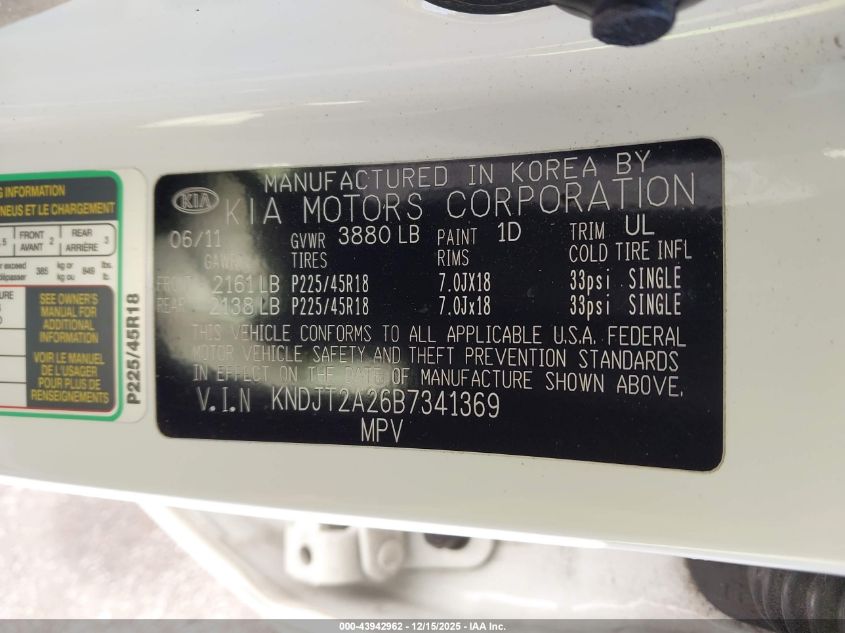 2011 Kia Soul Sport VIN: KNDJT2A26B7341369 Lot: 43942962