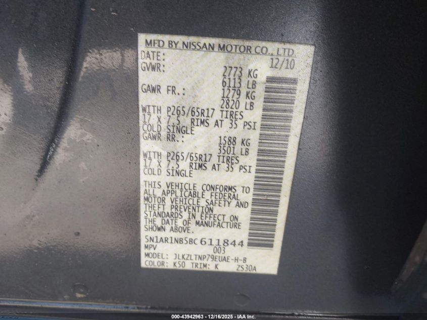 2011 Nissan Pathfinder Silver VIN: 5N1AR1NB5BC611844 Lot: 43942963