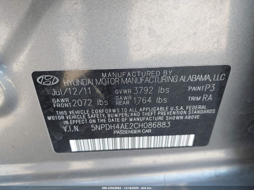 2012 Hyundai Elantra Gls VIN: 5NPDH4AE2CH086883 Lot: 43942964